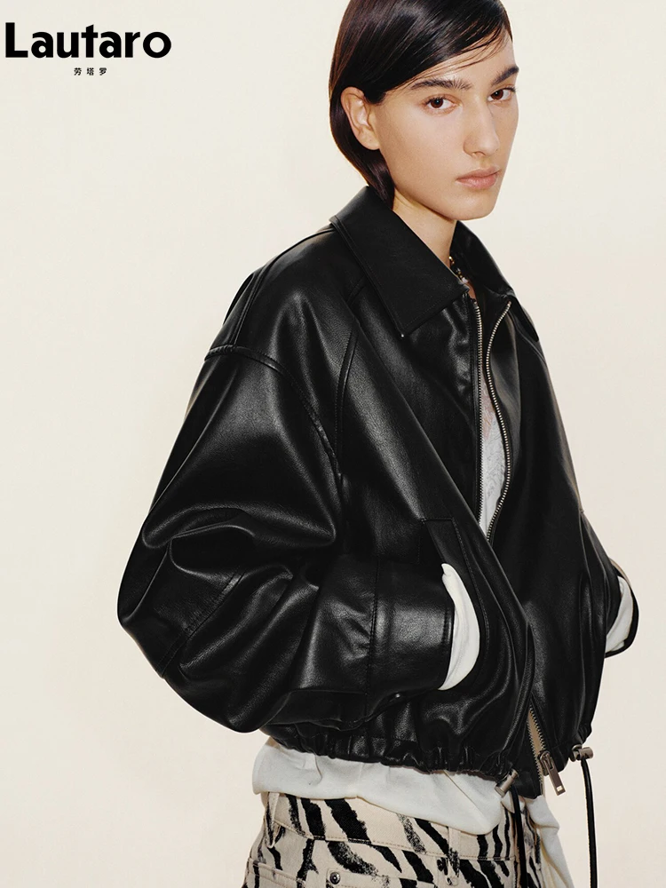 

Lautaro Spring Autumn Cool Handsome Short Soft Black Faux Leather Jackets for Women Drawstring Waist Zipper Runway Fashion 2026
