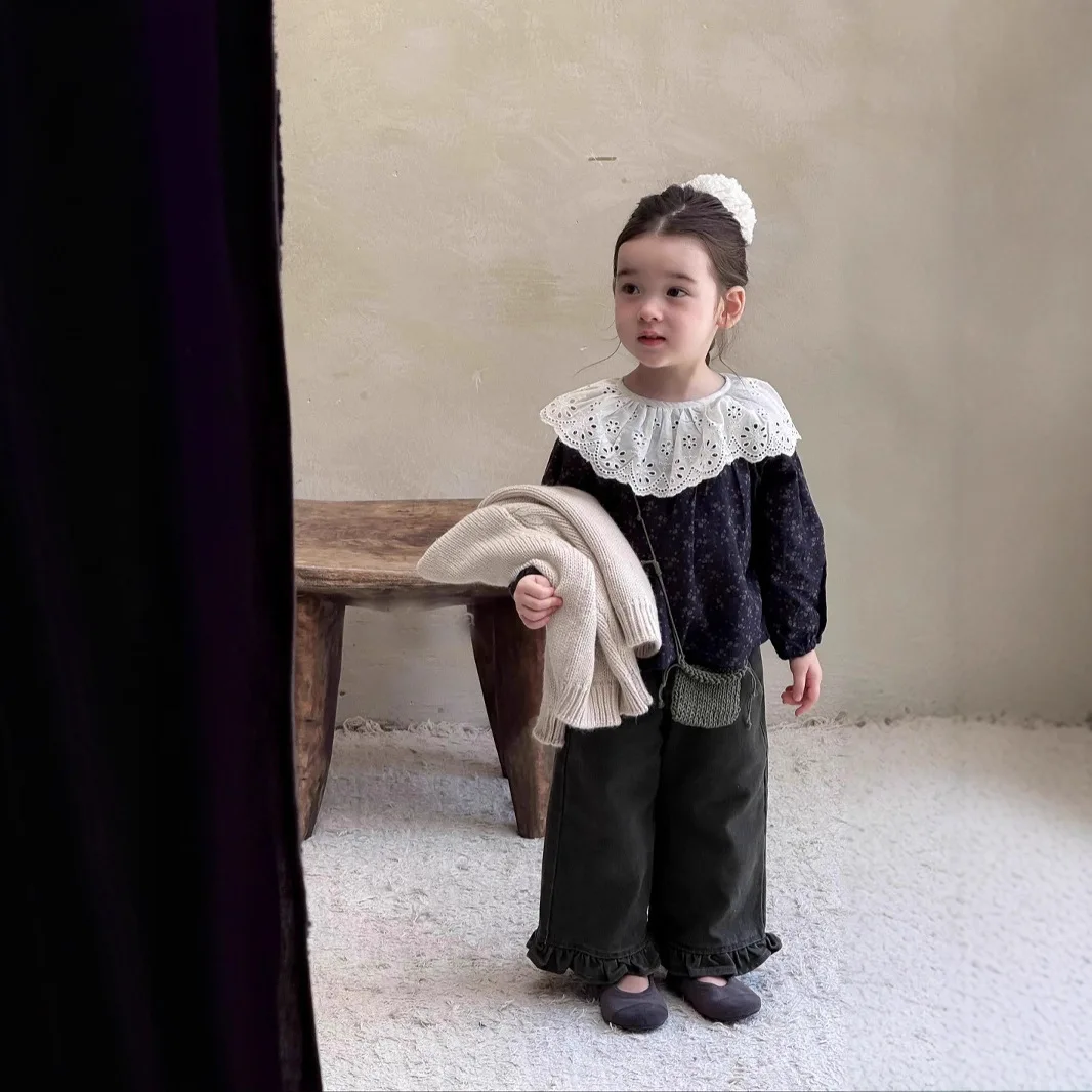 

2025 Autumn New Girls' Floral Doll Shirt Baby Foreign Lotus Leaf Lapel Long Sleeve Shirt