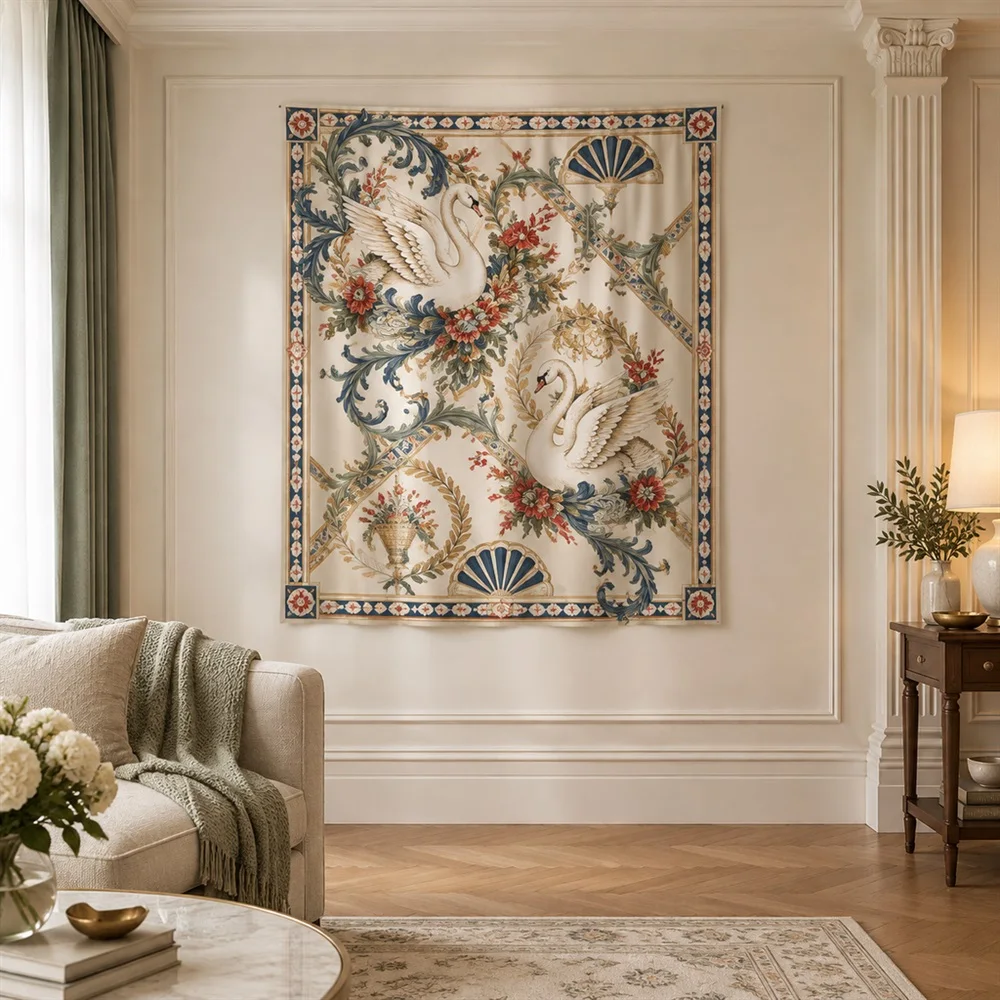 VIKAMA Swan and Wreath Diagonal Flow Tapestry Wall Hanging, Neoclassical Wall Decor Tapestries for Bathroom Bedroom Living Room