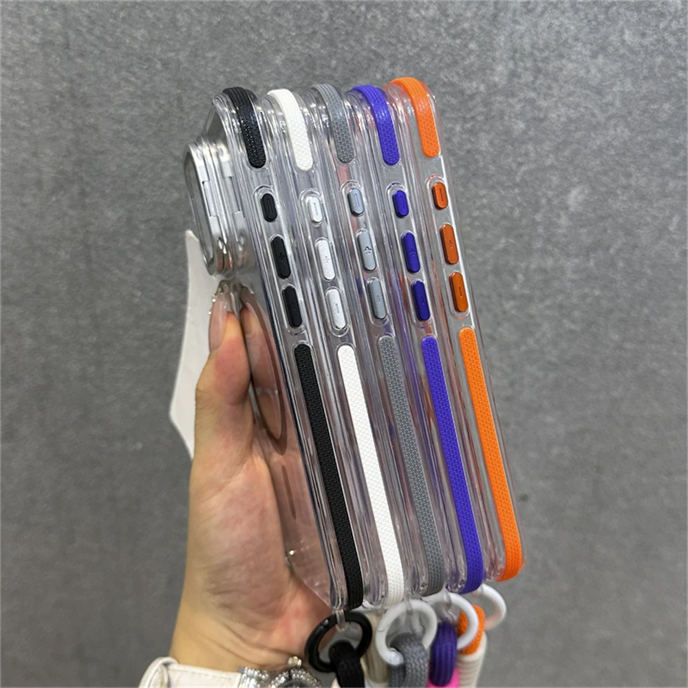 Magnetyczne etui z funkcją ładowania bezprzewodowego MagSafe, z klapką na aparat, uchwytem na nadgarstek, przezroczyste, do iPhone'a 17 16 11 12 13 14 15 Pro Max Plus — zdjęcie produktu 5