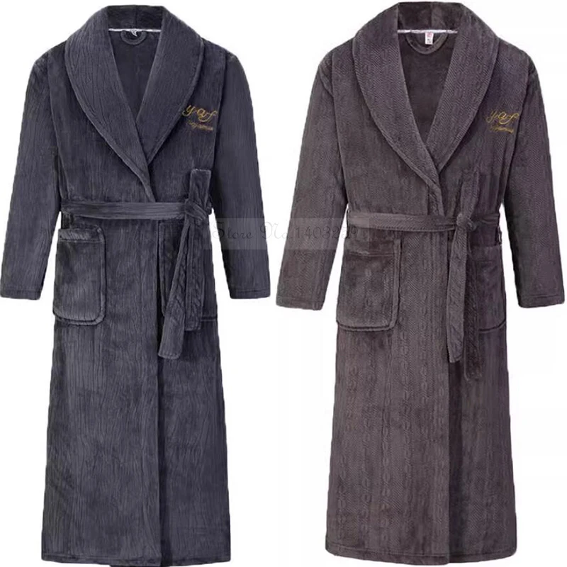 Winter Thick Coral Fleece Robe Men Sleepwear Oversize Long Kimono Bathrobe Gown Warm Flannel Nightwear Loose Homwear Loungewear