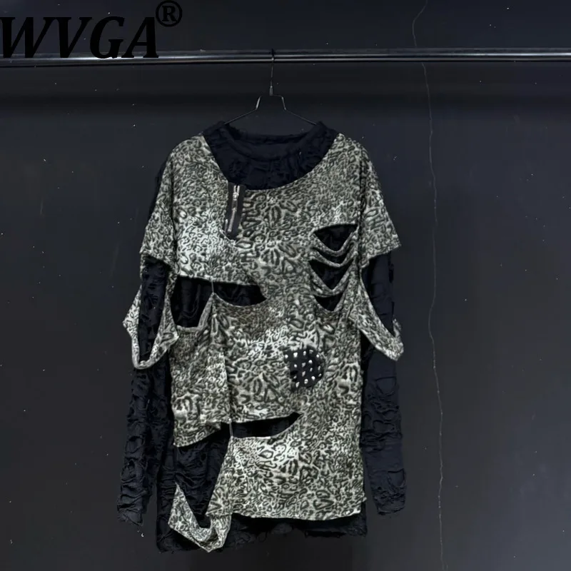 

Мужская футболка WVGA с длинным рукавом, весна-осень, новый стиль, легкий панк, с принтом, пэчворк, рваная, нишевая, шикарная, повседневная, с круглым вырезом, Ins W22126