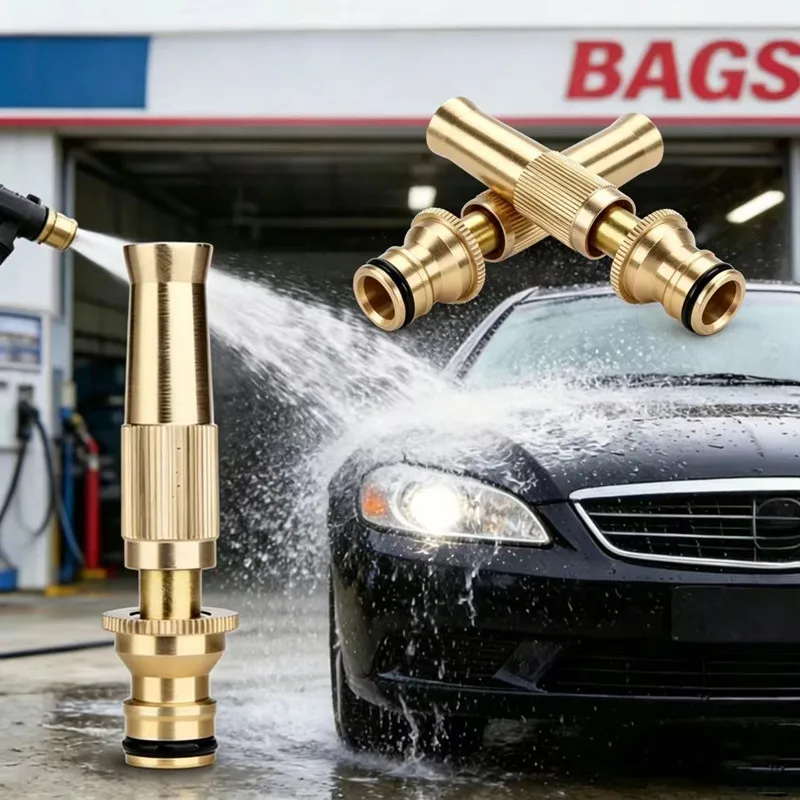 Brass High Pressure Spray Nozzle Water Gun Quick Connector Adjustable Direct Spray Sprinkler for Home Garden Hose