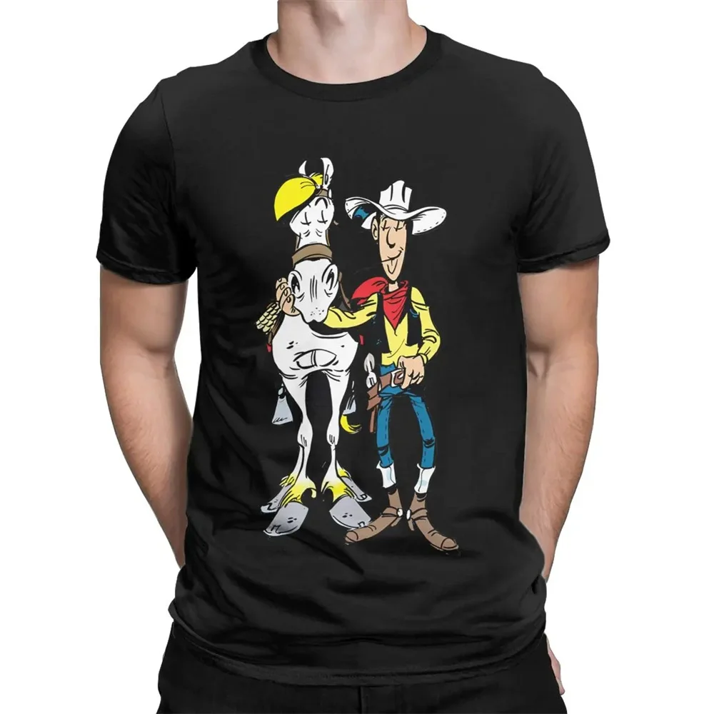 Funny Lucky Luke Men\'s T-Shirt 100% Cotton Casual T-Shirt Round Collar Cartoon Tees Short Sleeve Tops Fashion Men Clothing