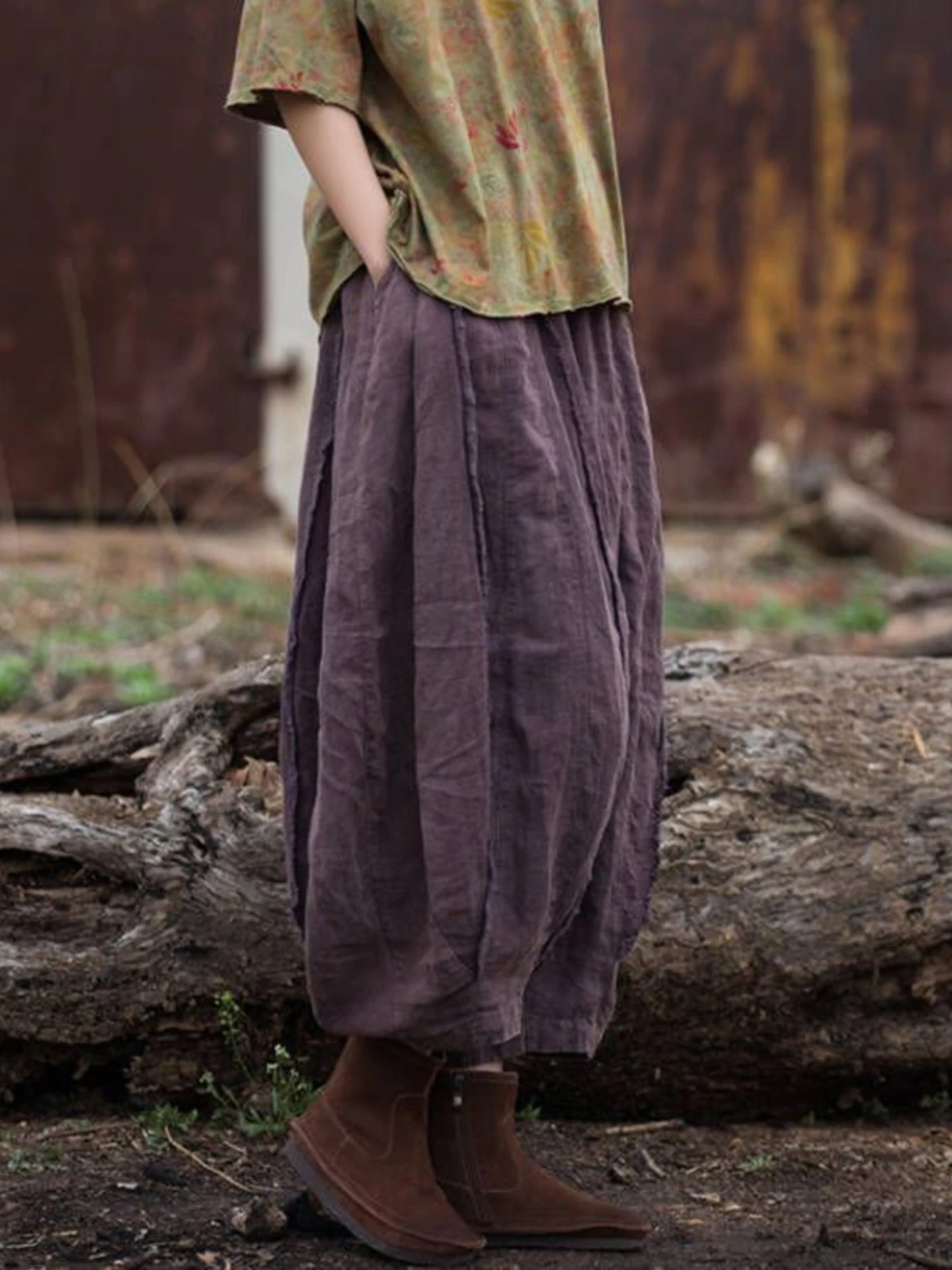 

Cotton Linen Large Lantern Pants Women's Spring Summer New Style Worn out Hemp Flocking Pumpkin Pants Nomadic Style Nine Points