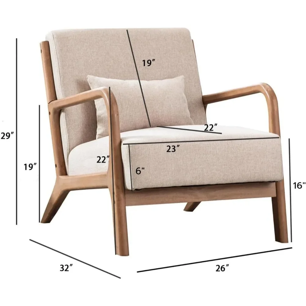 Moderne accentstoel uit het midden van de eeuw, comfortabele stoffen woonkamerstoelen met massief houten frame, lounge-leesfauteuil, eenvoudige montage