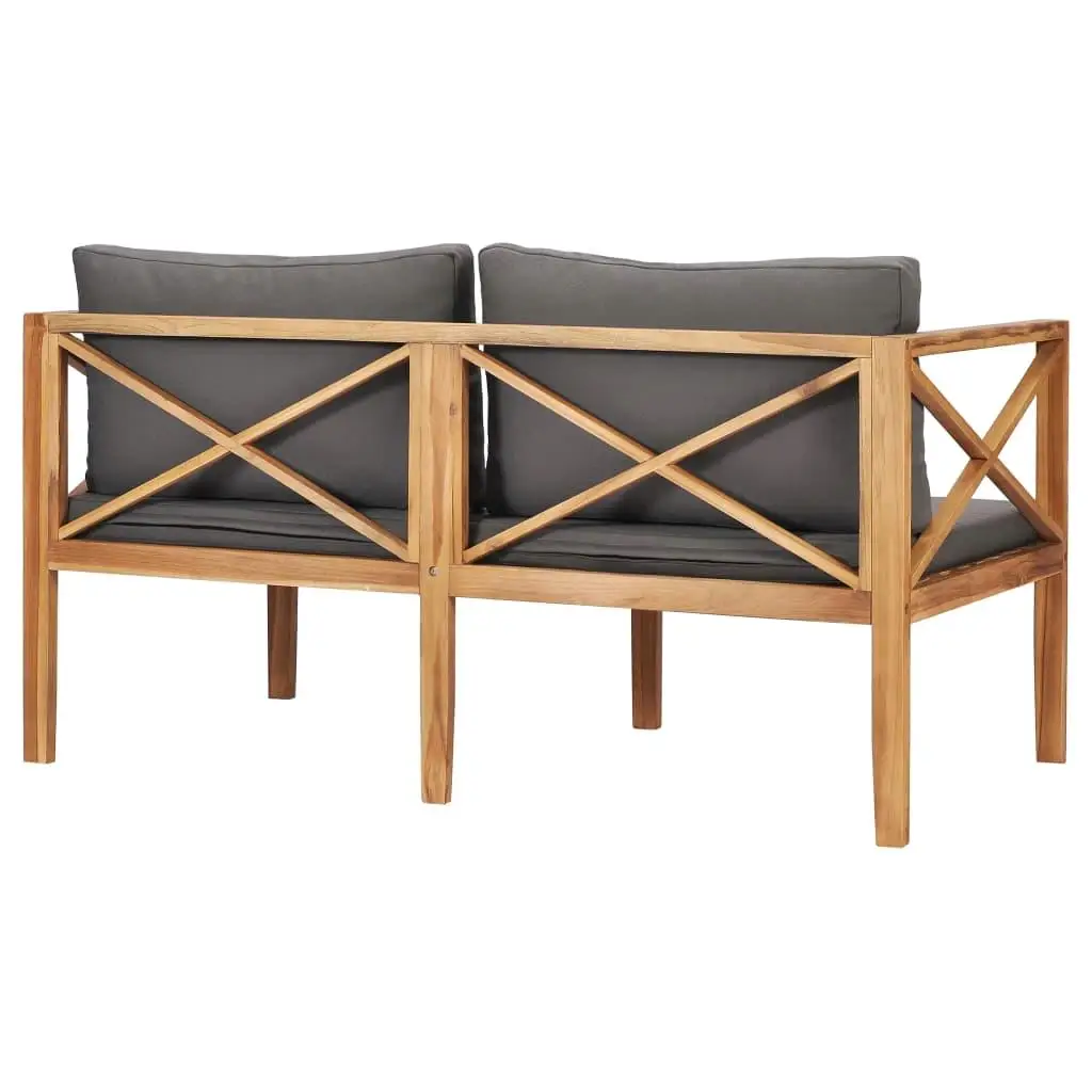 Banc en bois de teck massif avec coussins gris foncé, mobilier de jardin d'extérieur