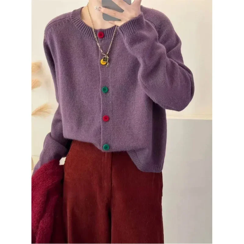 Japanese Sweet and Fresh Round Neck Colorful Button Knitwear Coat Academy Style Western Versatile Sweater Women\'s Cardigans