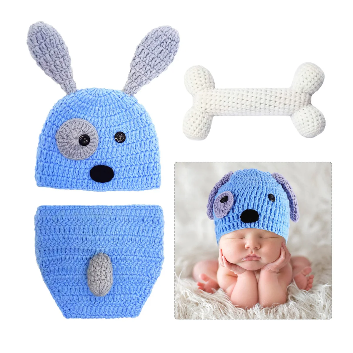 

3Pcs Baby Knitted Clothes Puppy Design Newborn Photo Props Soft Cotton Baby Outfits 0-6 Months Light Blue Newborn Hat