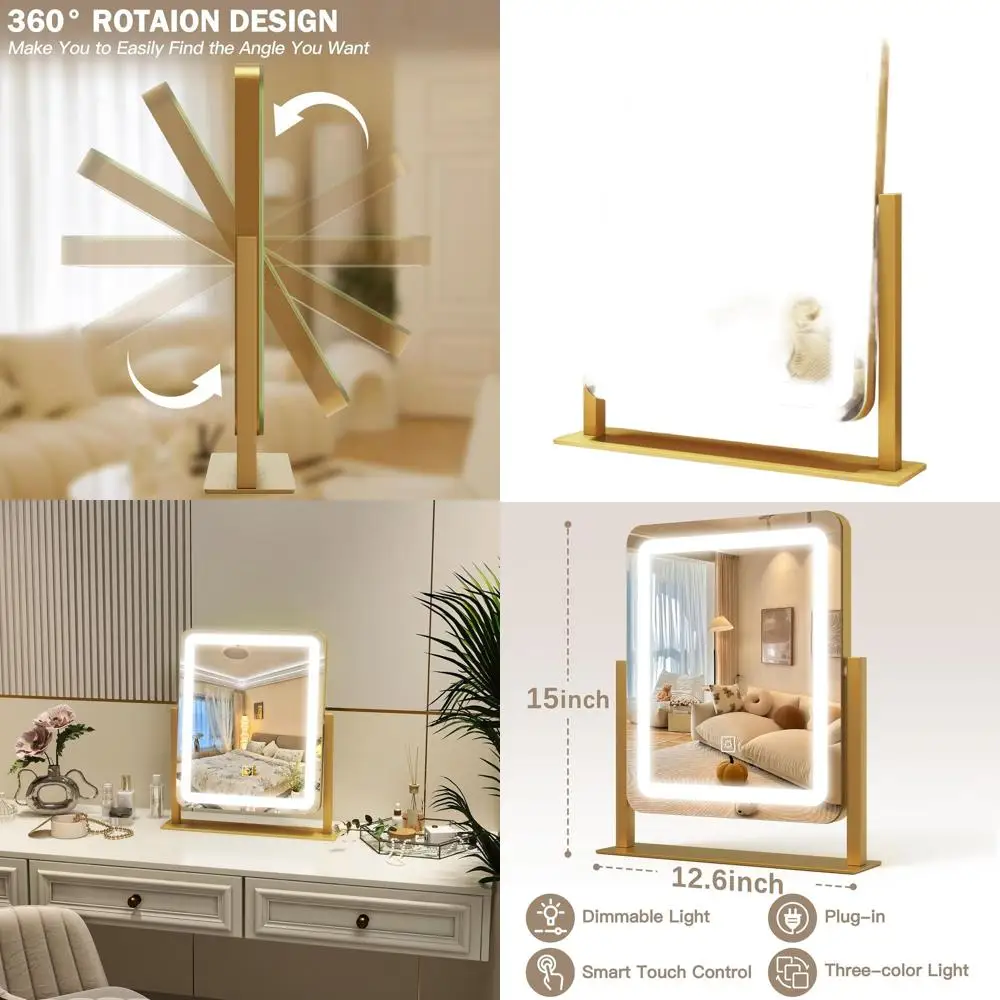 12.6x15 LED バニティミラー タッチコントロール付き、3モード調光、ゴールドメイクアップミラー