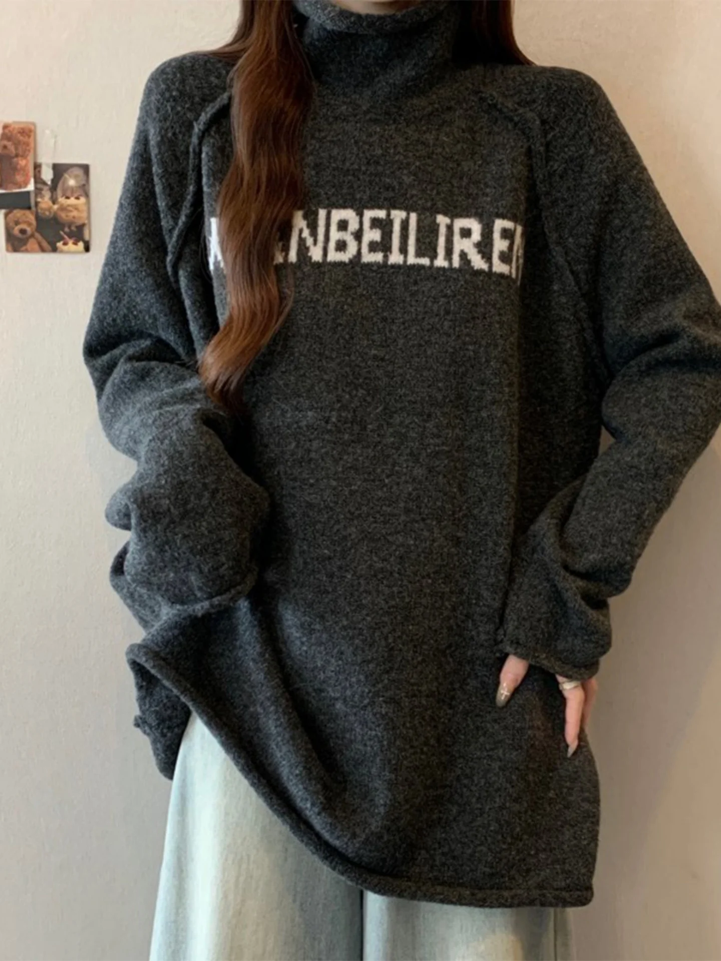 

ay Knitted Sweater Women's Mid-Length Thiened Base irt f-High Collar Lazy Sle plus Size Autumn Winter New Arrival