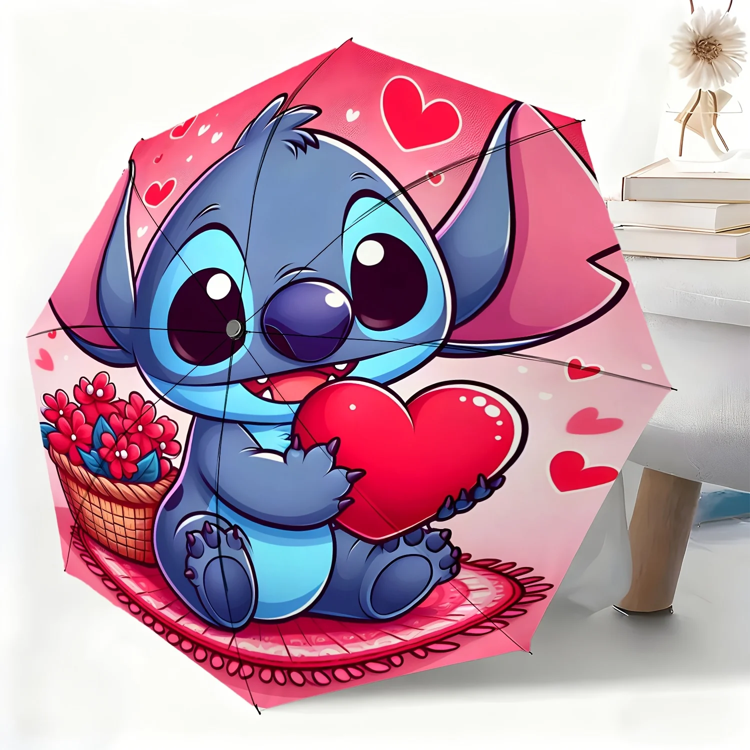 

Автоматический зонт с милым рисунком в виде сердца Disney Stitch, универсальный зонт для любой погоды, портативный складной зонт, C