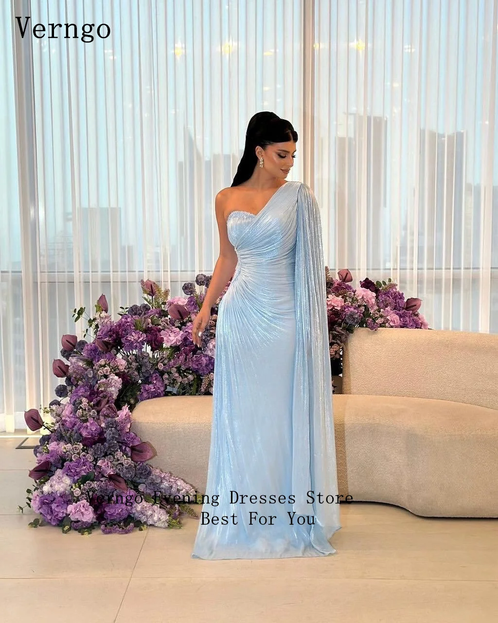 فستان سهرة أزرق لامع من Verngo بكتف واحد حورية البحر مناسبة رسمية أنيقة فساتين حفلات حورية البحر مخصصة #2