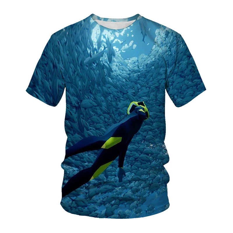 Summer Men\'s Fun Scuba Diving Explore The Underwater 3D Printed Men\'s T-shirt Crew Neck Short Sleeve Loose Top O-Neck T-shirt