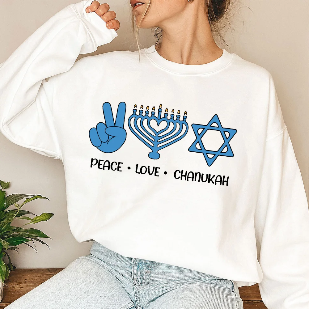 Peace Love Chanukah Printed Sweatshirt Hapyy Hanukkah Female Hoodie Jewish Holiday Women Outfit Winter Girls Long Sleeve Clohes