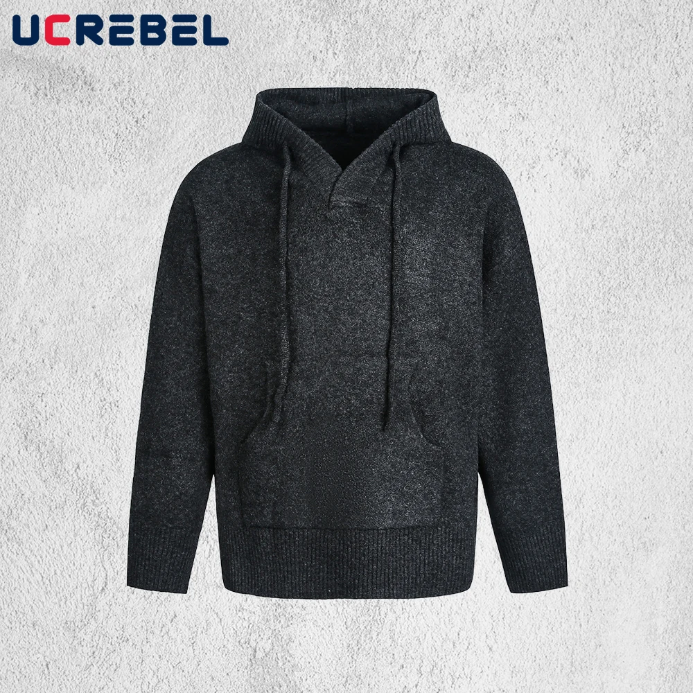 Maglione con cappuccio con tasca frontale Uomo Autunno Inverno Retro High Street Pullover lavorato a maglia a maniche lunghe con spalle scoperte allentate