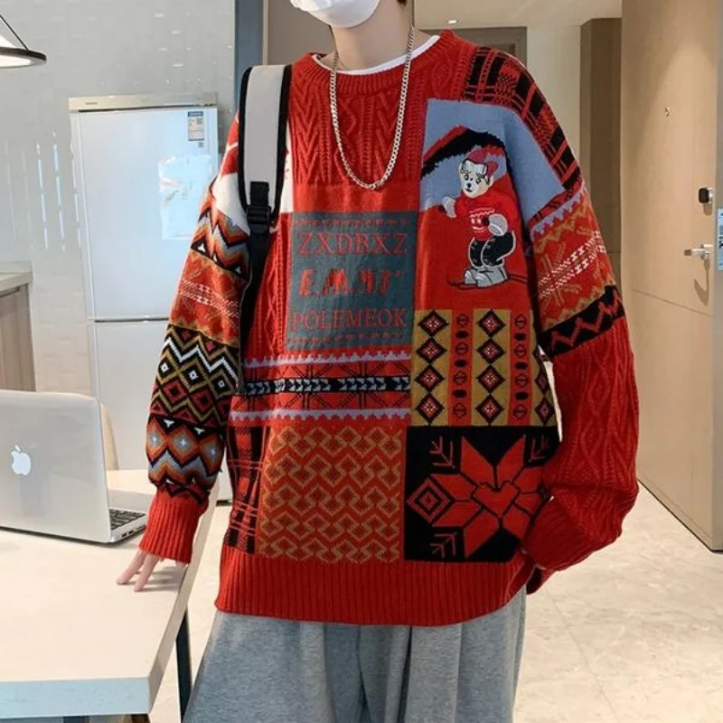 Retro color-blocking thickened sweater for men, loose and laid-back style Christmas knitted sweater for autumn and winter