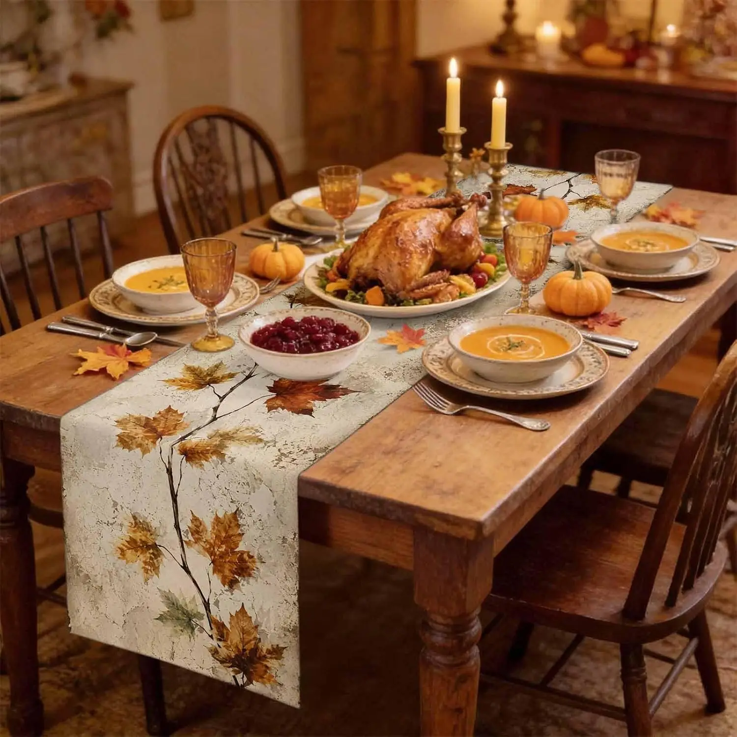 Fall Maple Leaves Linen Table Runner Home Decor Vintage Rustic Farmhouse Autumn Kitchen Dining Table Runners Thanksgiving Decor