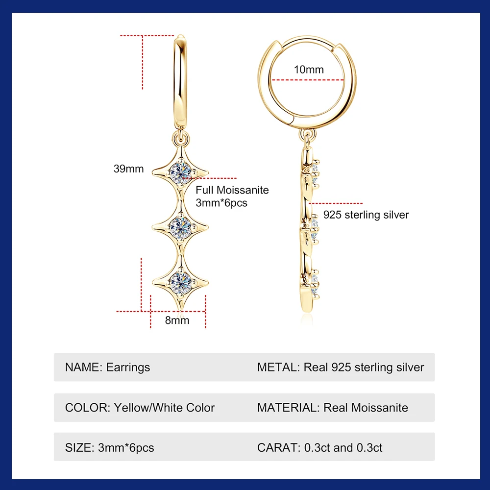 Sweetrain 18K Gold Plated Moissanite Drop Earrings 925 Sterling Silver Long Dangle Huggie Earrings for Women Trendy Jewelry 2024 image 2