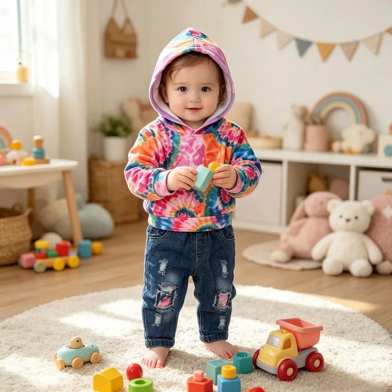 2Pcs Kids Spring Autumn Outfit TieDye Print Hoodie Patchwork Ripped Denim Pants Boys Girls Fashion Trendy Casual Clothing Set