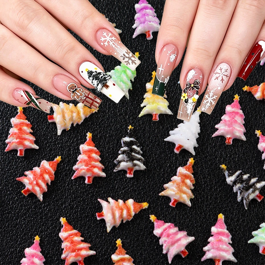 30/50pcs 3D Resin Christmas Tree Nail Charms Colorful Relief Gradient Xmas Tree Nail Art Decoration Cute Winter Christmas Decor