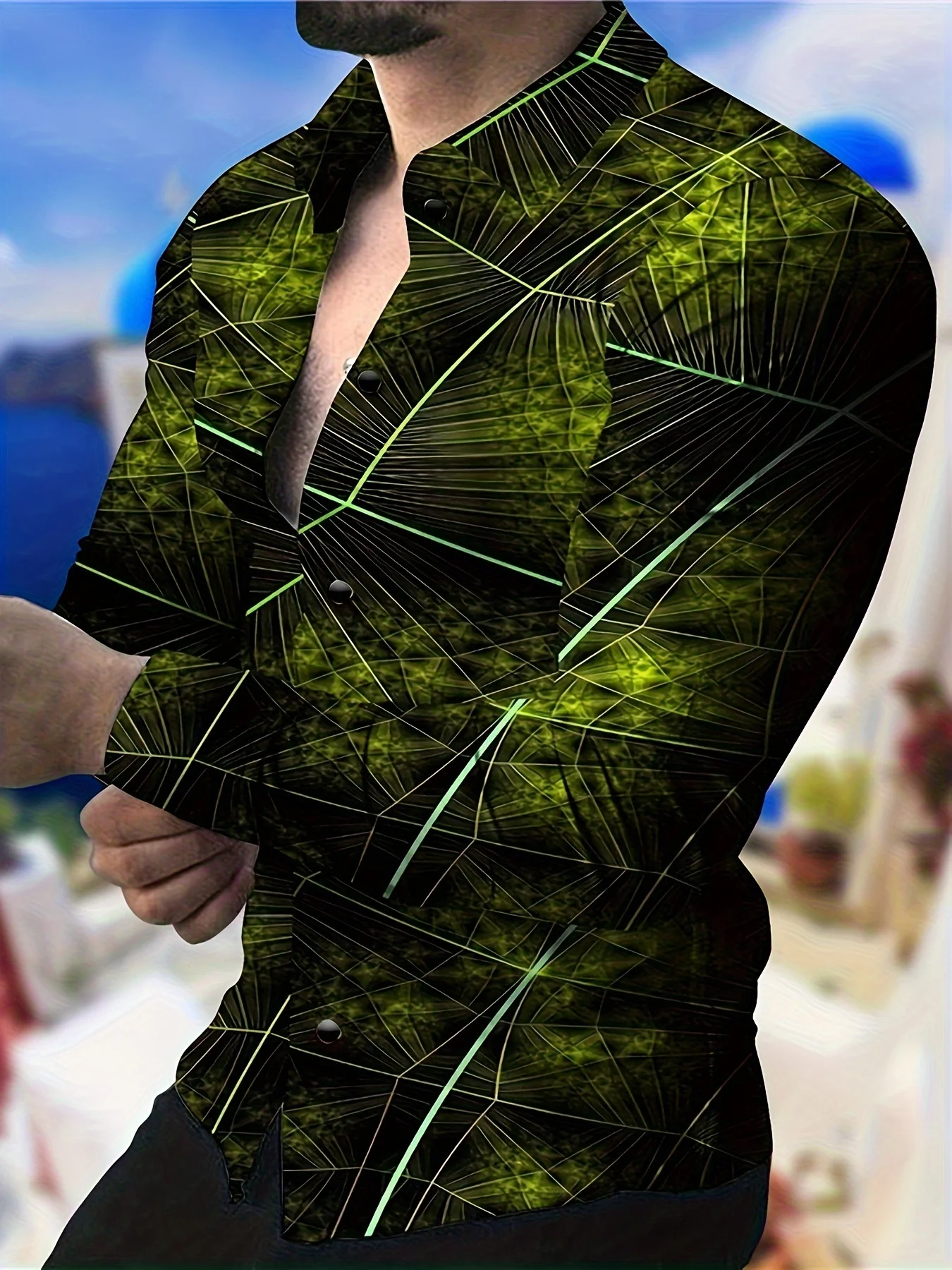 Men Long Sleeve Button Down Shirt Black Purple Neon Geometric Line Print Polyester Lapel Collar Party