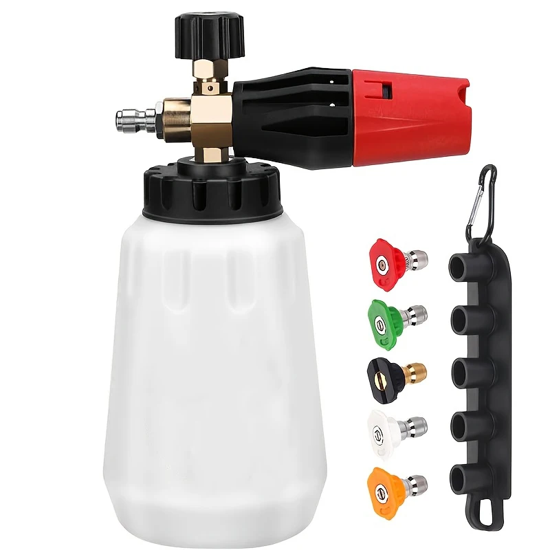 Adjustable High-Pressure Foam Cannon, 33.81oz Aluminum Bottle, Quick Connect with 5 Nozzles & Storage Base