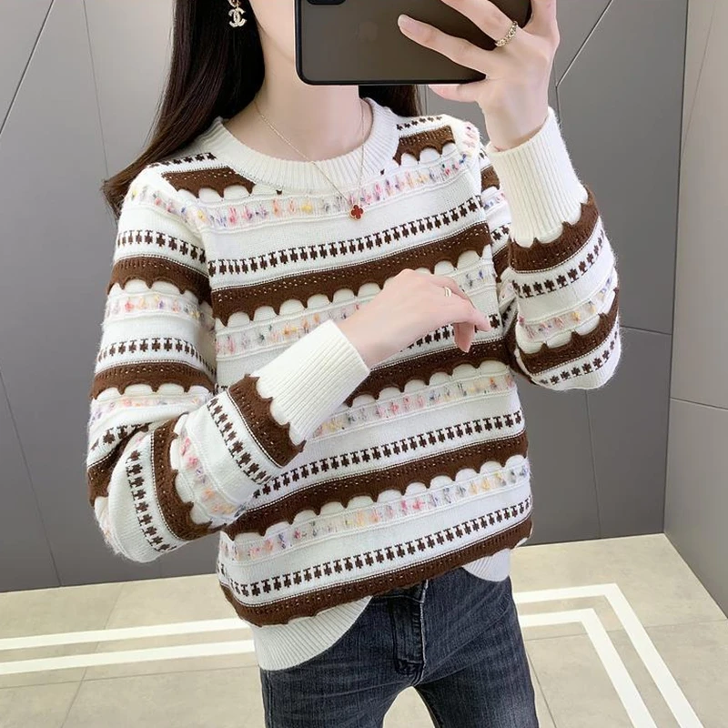 Otoño Invierno suéter de punto mujer pulóver Casual suelto manga larga grueso cálido suéter a rayas