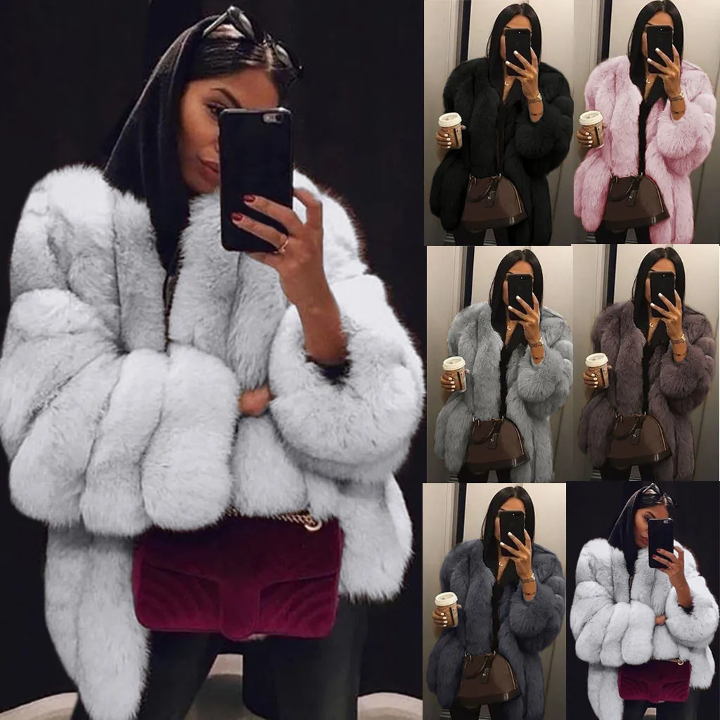 

O Neck Stripe Faux Fox Fur Jacket Mid Long Women's Plush Coat Solid Casual Fluffy Cardigans Winter Streetwear Furry Jackets New
