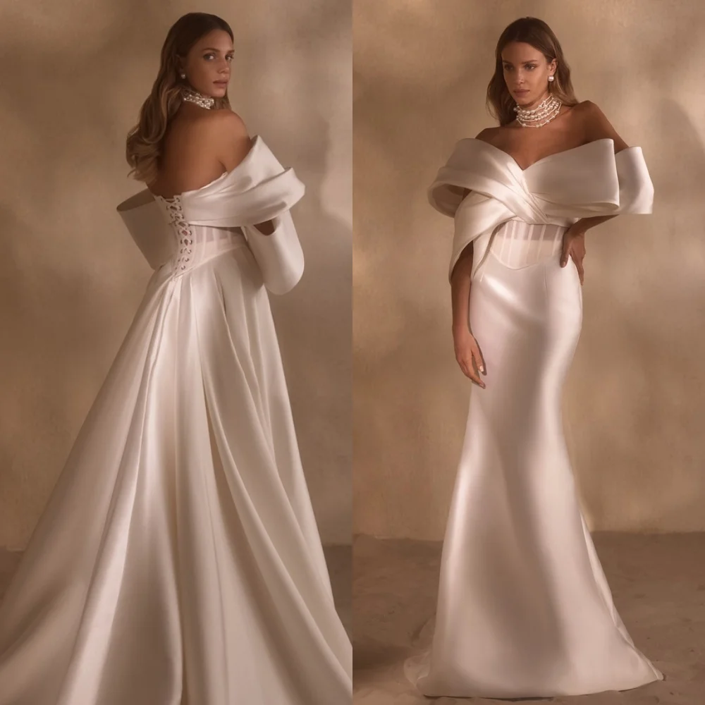 Personalizado sereia requintado cetim branco noche clássico fora do ombro sem mangas vestidos de baile vestidos de festa