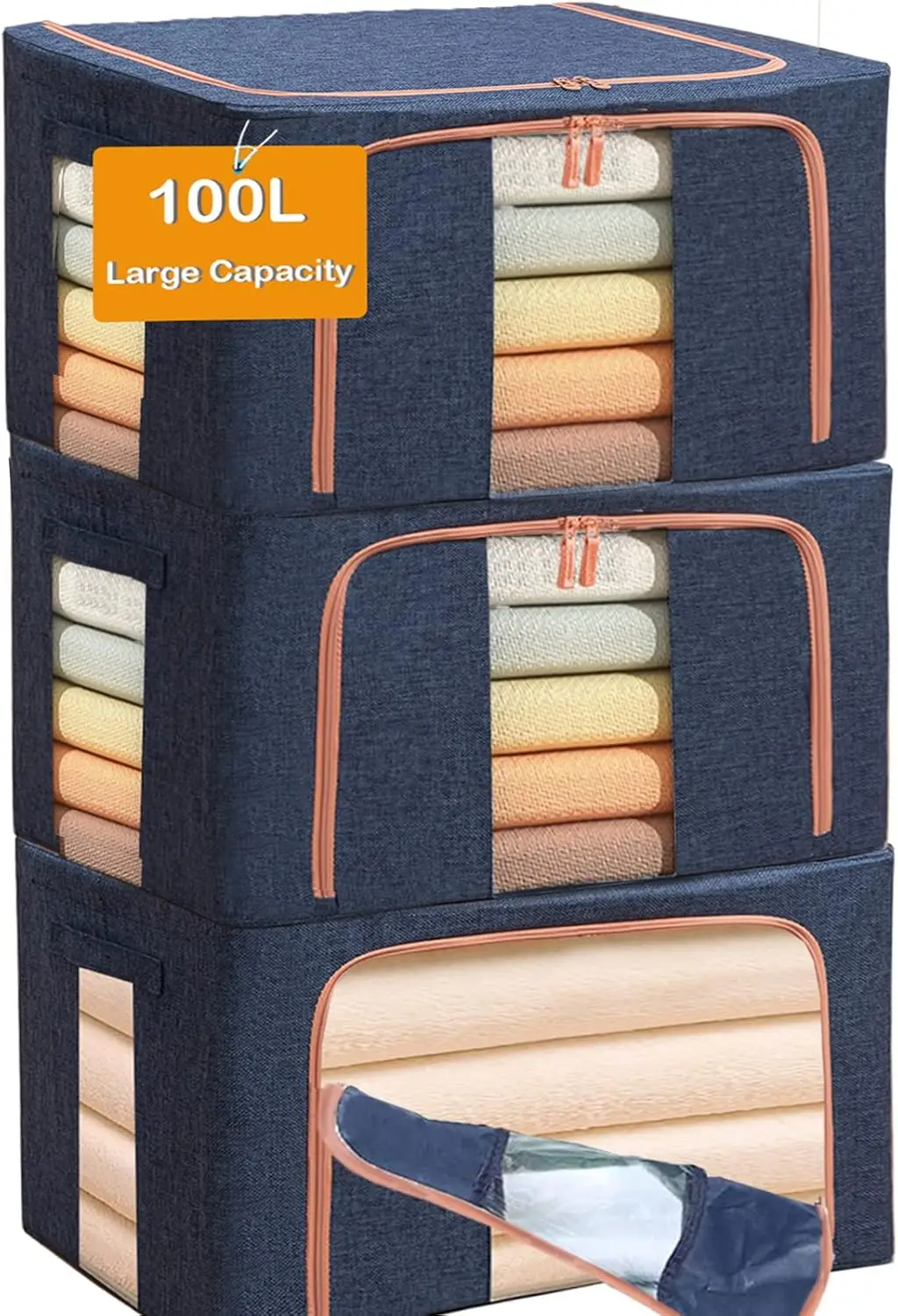 Large Capacity Clothes Storage Bags,Stackable Storage Organizer With Foldable Metal Frame, Zipper, Handles, Clear Window, Navy,