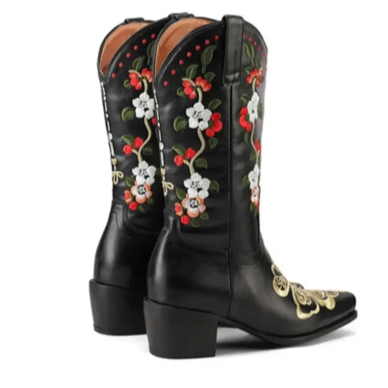 2024 Women\'s Autumn and Winter Thick High Heels Square Toe Sleeve Boots European and American Retro Embroidered Short Boots