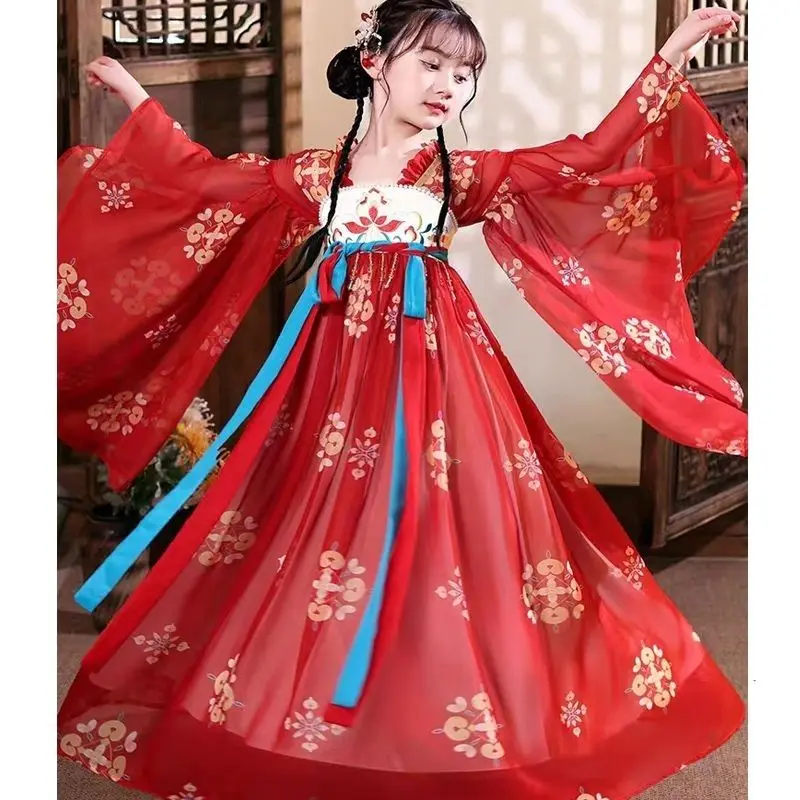 Girls Hanfu Summer Ancient Princess Dress 3T-6T-8T-12T New Spring and Autumn Performance Clothing Children\'s Ancient Tang Dress