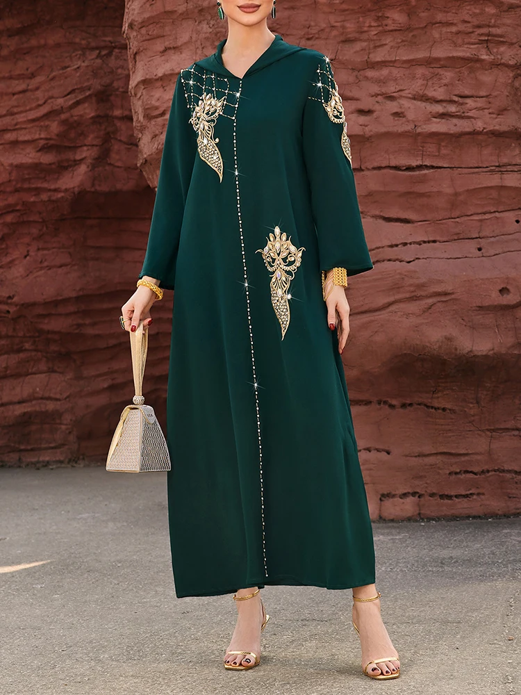 

Mia Muse Ramadan Essentials Women's Muslim Elegant Abaya Dress V Neck Long Sleeve Maxi Sequined Floral Glamour Dress