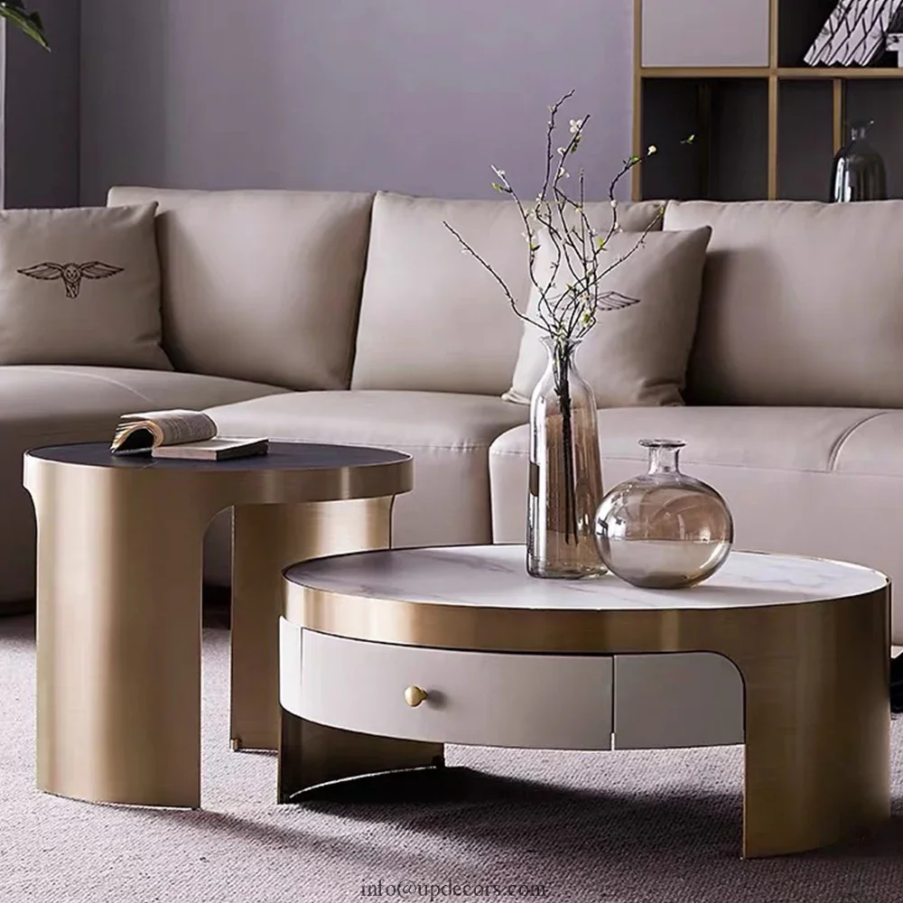 High End Modern Living Room Center Table Design Light Luxury Marble Stainless Steel Coffee Table Set