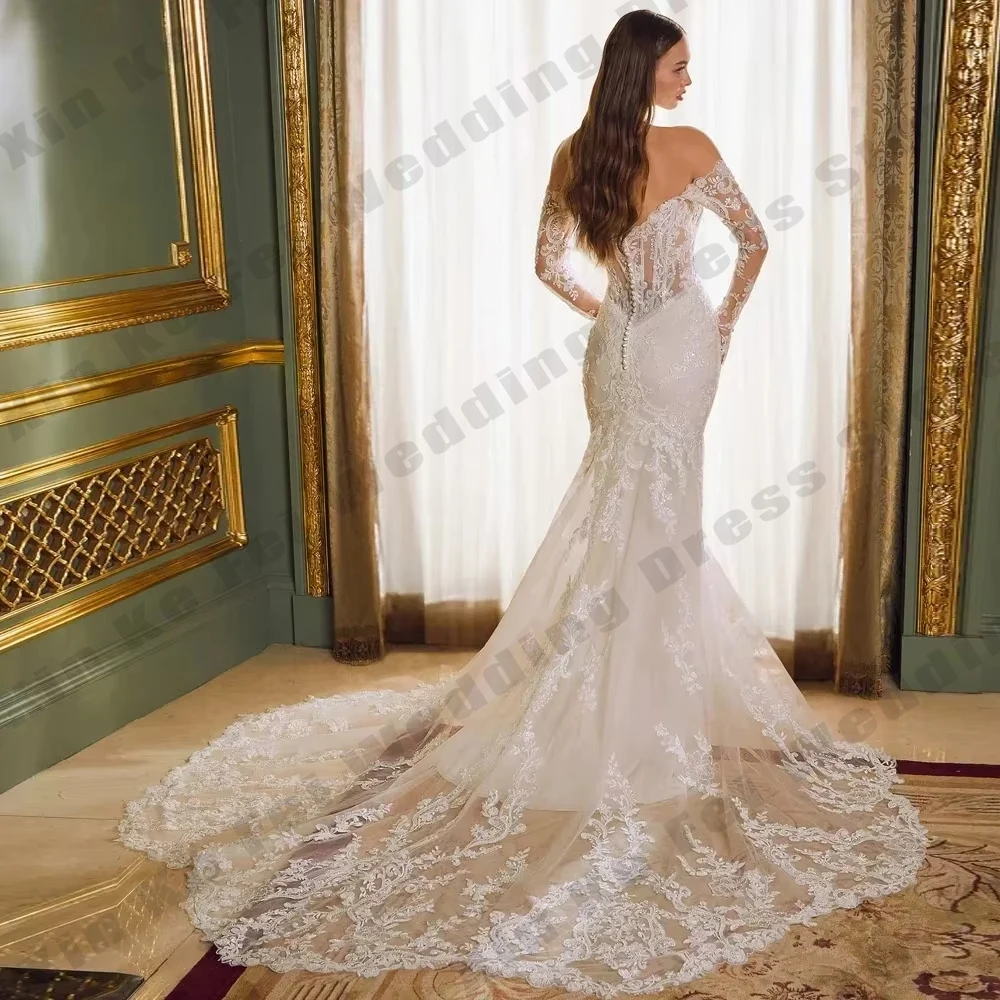 Gorgeous Women's Bridal Gowns Sexy Off Shoulder Long Sleeve Lace Princess Mermaid Wedding Dresses Formal Beach Party Customized