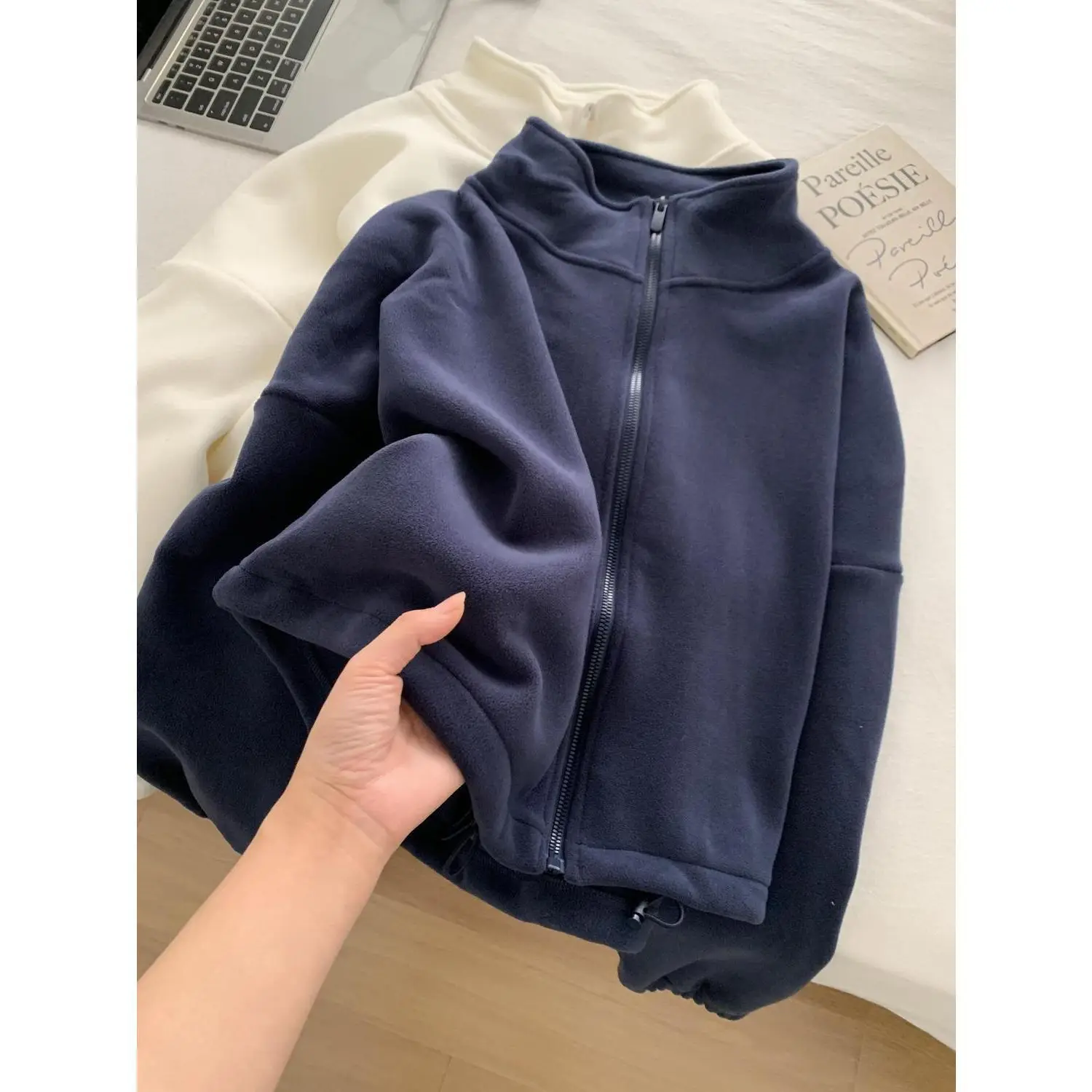 

Korean Fashion Thickened Warm Fleece Sweatshirt Jacket Women's Stand Collar Zipper Open Cardigan Autumn Winter Fleece Lined S...