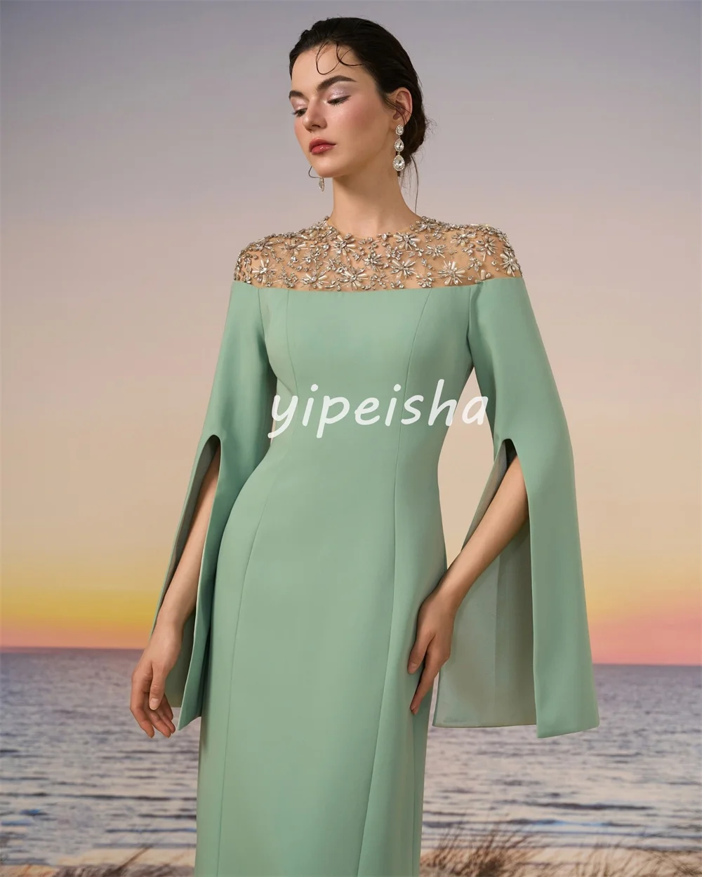 Customized Sparkle Intricate Jersey Pleat Rhinestone Straight Scoop Neck Long Dresses Evening Dresses Exquisite High Quality