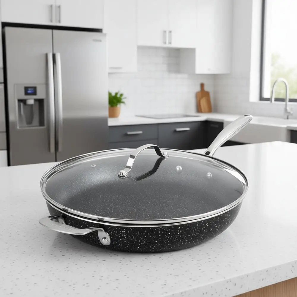 

14-дюймовая большая сковорода с антипригарным покрытием и крышкой, безопасная для использования в духовке и посудомоечной машине