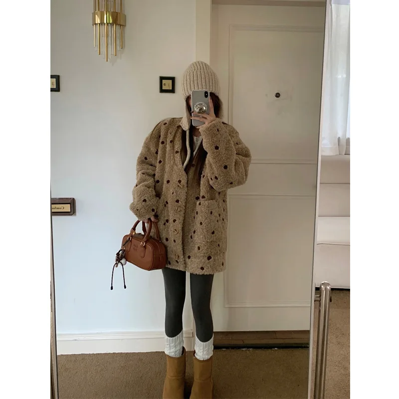 Women Polka Dot  Faux Fur Coats Color Blocked Casual Jackets V Neck Long Sleeves Single Breasted Loose Office Lady 2025 Winter