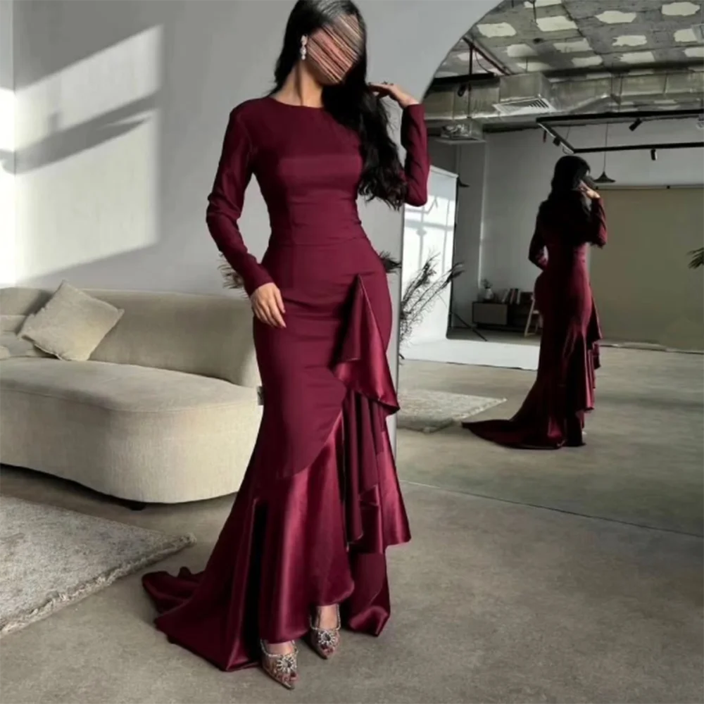 Maßgeschneiderte Meerjungfrau-Abschlussballkleider, bodenlang, O-Ausschnitt, volle Ärmel, formelles Abendkleid, schlicht, modisch, drapiert, exquisite Kleider