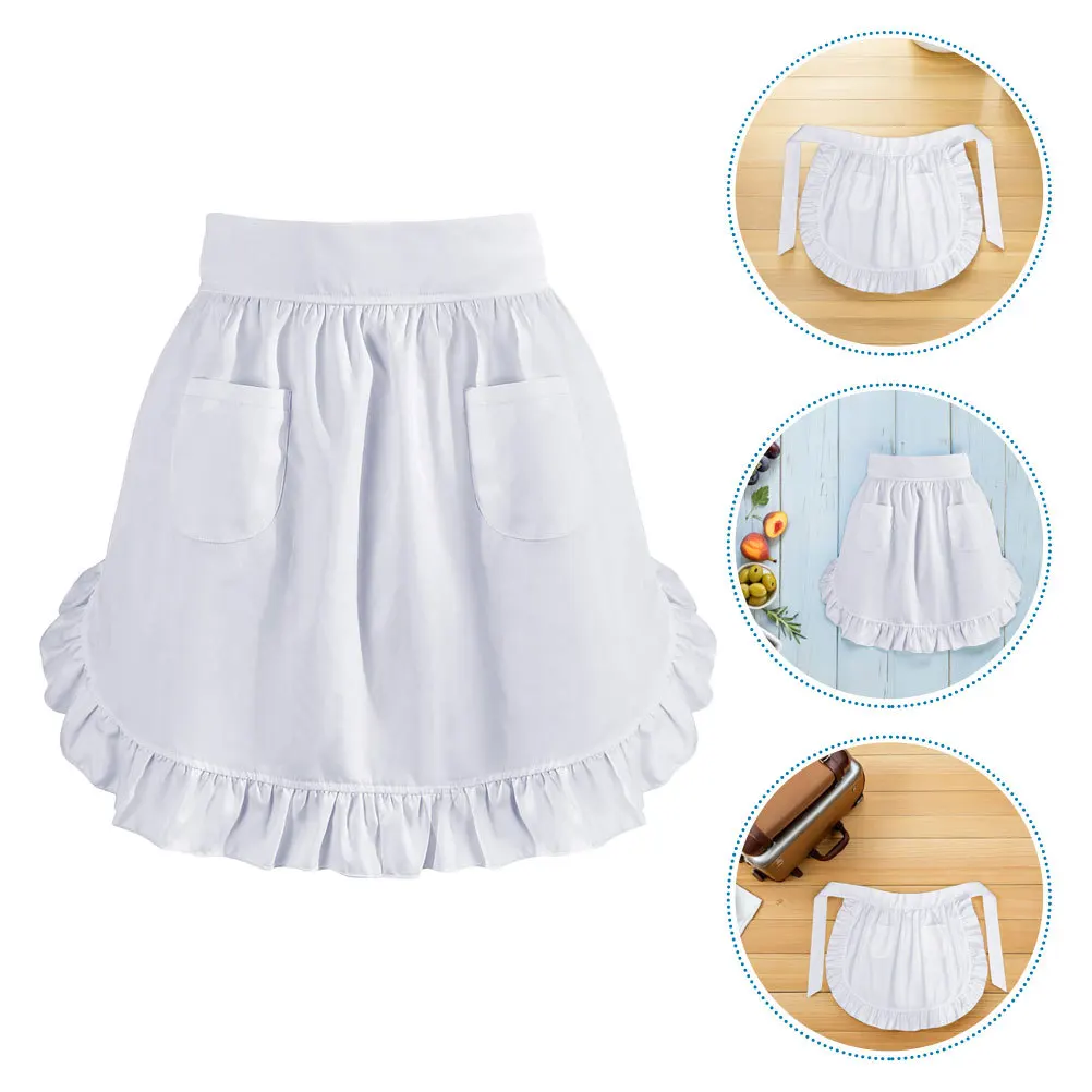 

European Maid Apron White Ruffled Half Waist Apron 2 Pockets For Women Cooking Kitchen Work Baking Serving Grilling