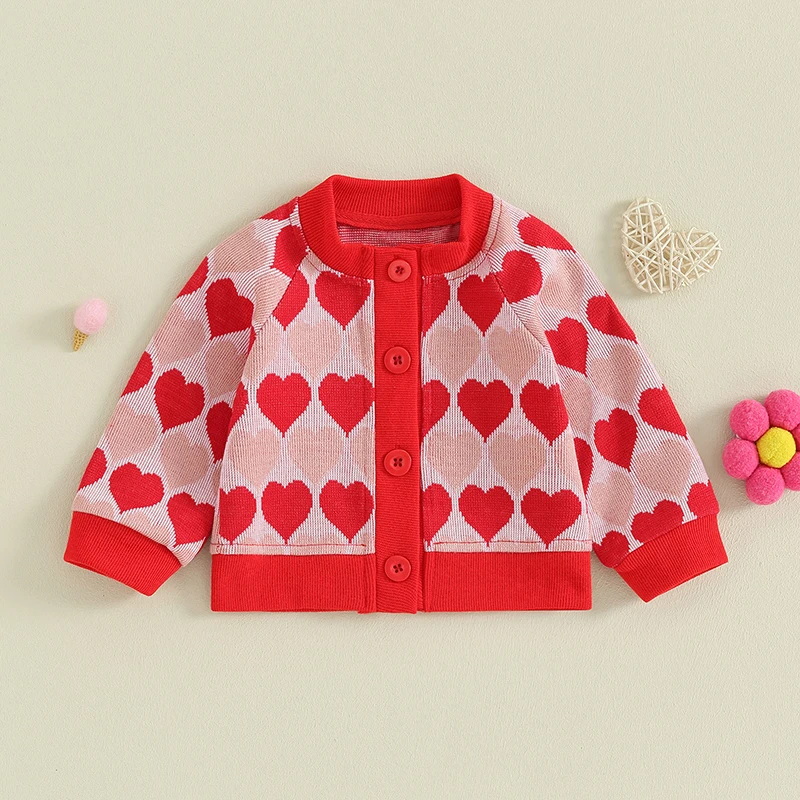 

Tregren 0-24M Newborn Baby Girl Cardigan Coat Valentines Day Outfits Long Sleeve Button Closure Heart Print Winter Knit Sweaters