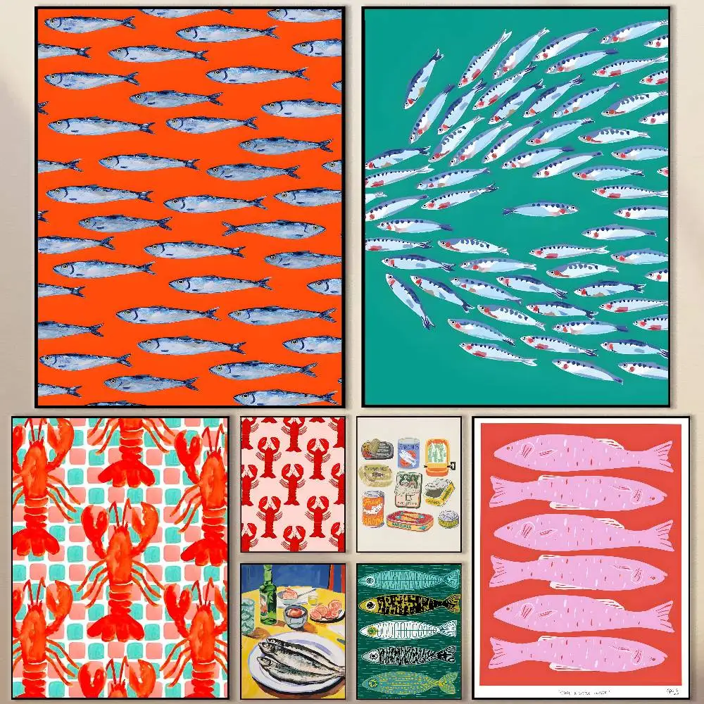 

Colorful Sardine Lobster Fish Ocean Animal Poster Modern Waterproof HD Wall Art Decal Self-Adhesive Aesthetic Decor for Home Liv