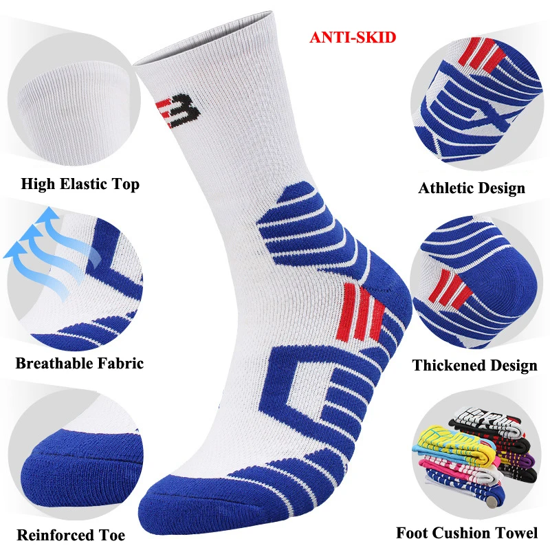 Men Sports Basketball Socks Non-Slip Breathable Middle Thickened Cushion Towel Bottom Fitness Outdoor Sprots Running Crew Socks