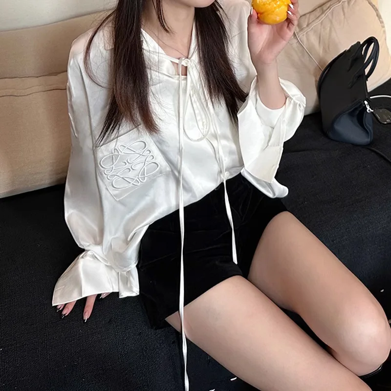 Jinqian satin imitation acetic acid streamer embroidered shirt loose and thin lazy long-sleeved top