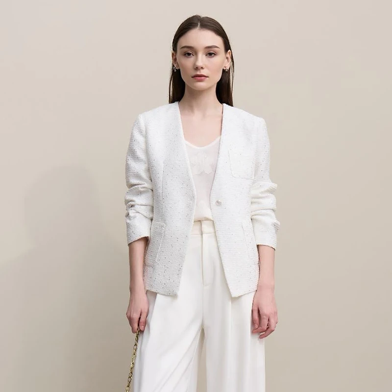 Women's V-Neck Single-Button Slim Blazer Jacket, Long Sleeve