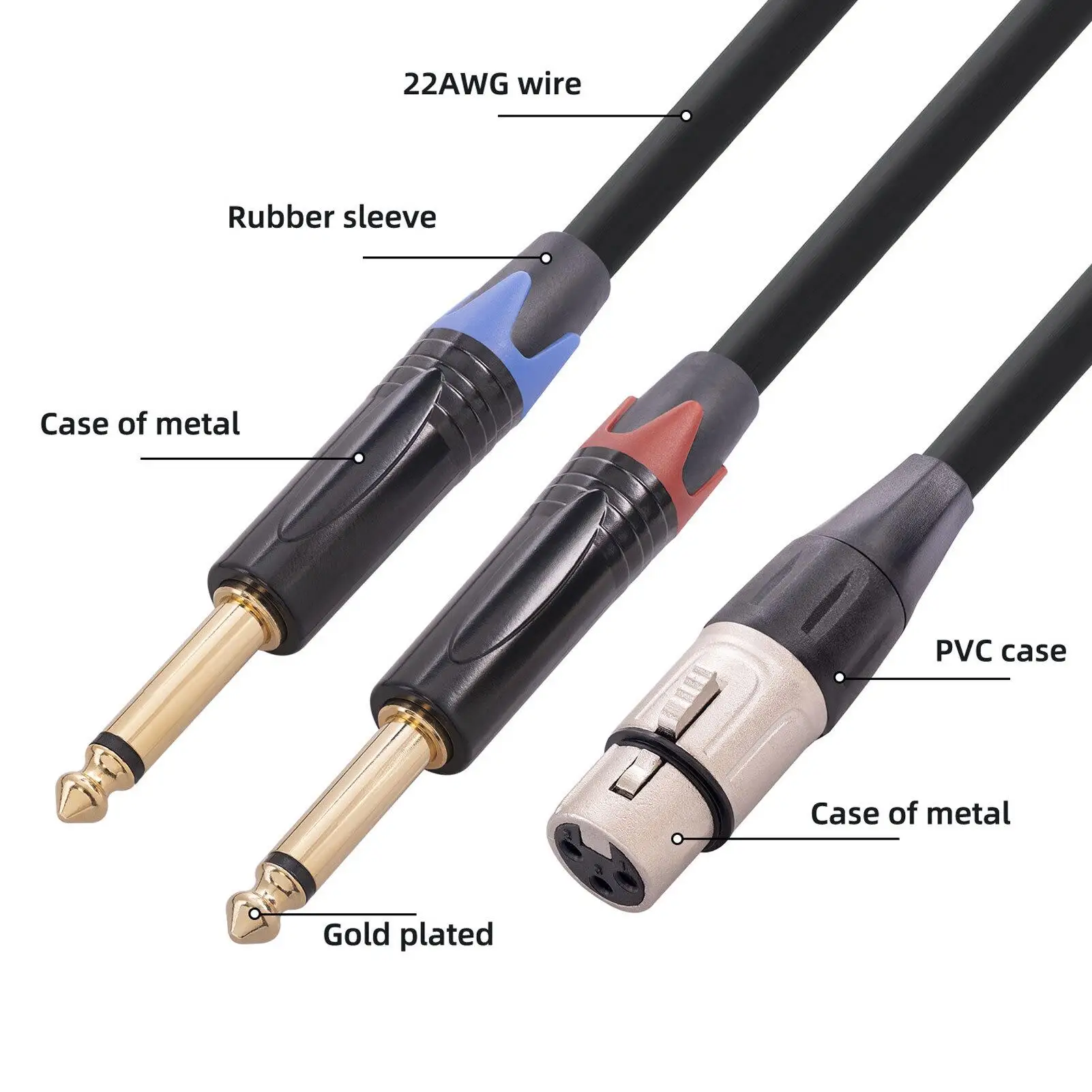 24K Gold Plated Dual 6.35mm Male to XLR Female Cable Y Splitter Cord for amplifiers - Flexible 1/4 Inch Connector