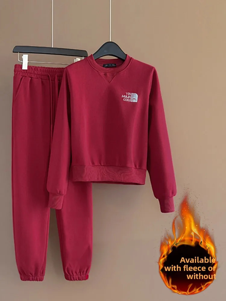 

Утепленный флисовый спортивный костюм для женщин: зимний повседневный комплект из красного худи и брюк, удобный, дышащий, модный