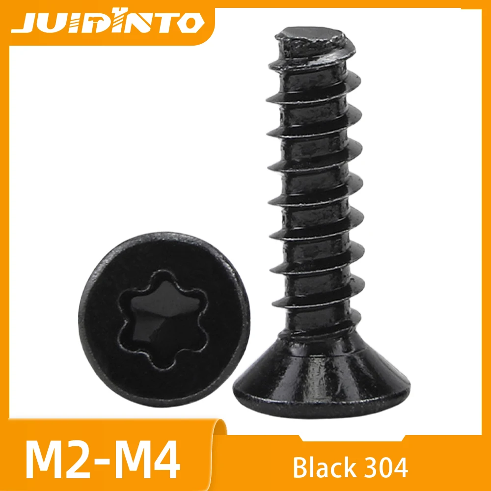 JUIDINTO 10-30 Stück Torx Flachkopf-Blechschrauben, schwarzer Edelstahl, Sternschrauben, CSK Mini-Schrauben M2 M2.3 M2.6 M3 M4